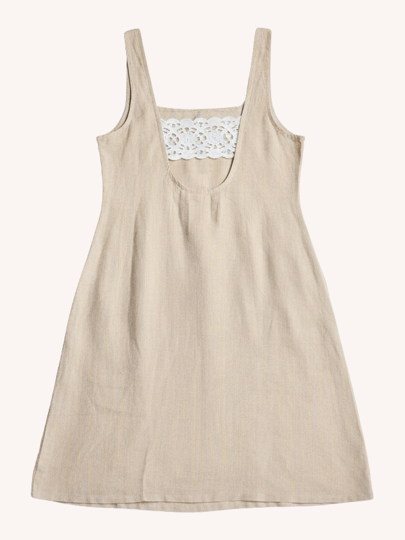 Hemp Short Dress with Back Embroidered Lace Detail